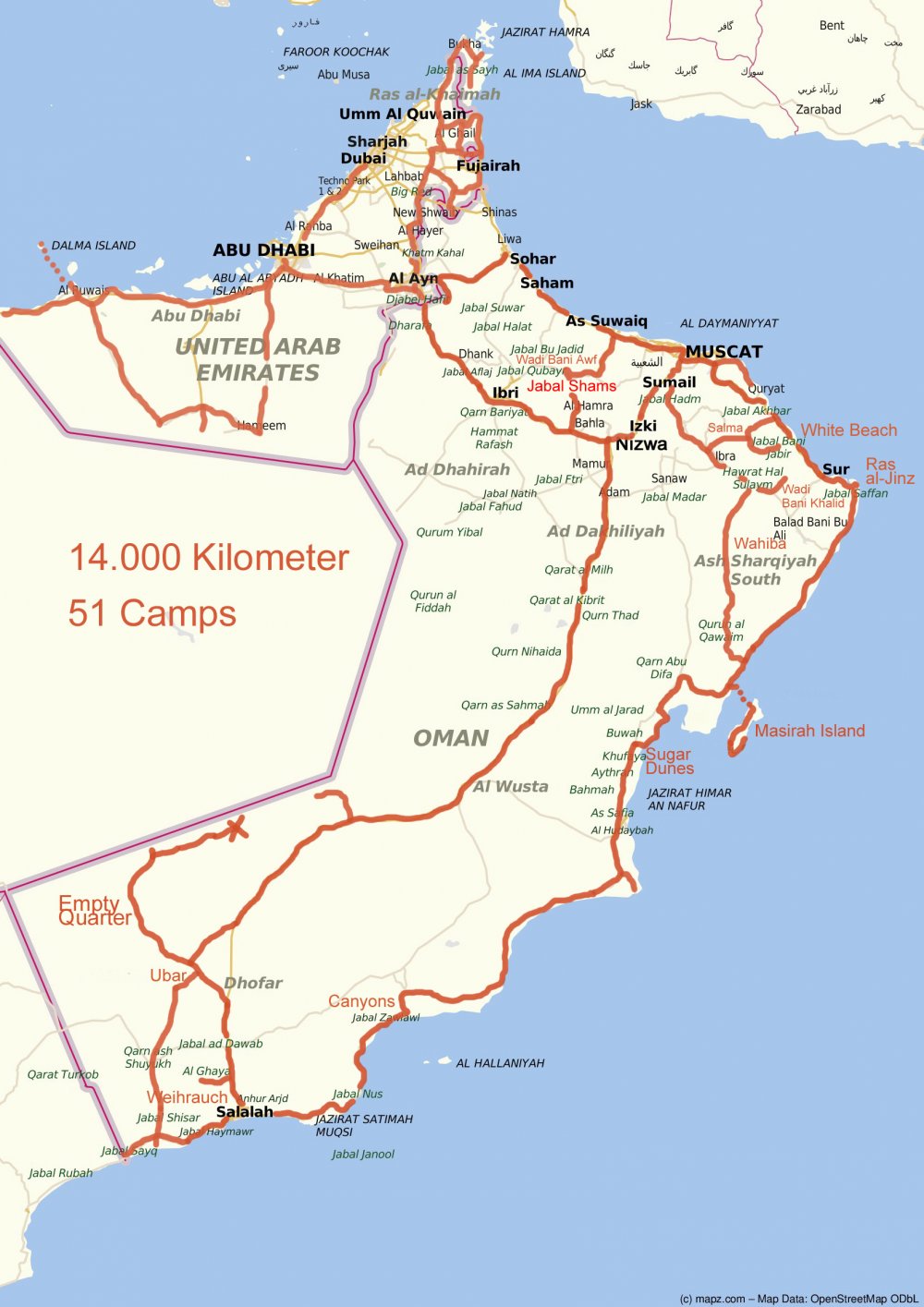 Unsere Routen durch den Oman (zum Vergrößern anklicken)